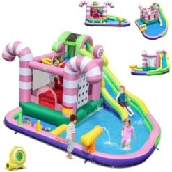 COSTWAY 9 En 1 Château Gonflable En Forme Bonbons Avec Toboggan, Maison De Saut Gonflable Avec Pistolet à Eau, Jeu Tic-Tac-Toe, 50 Boules, Charge 90kg Pour 2 Enfants De 3-10 Ans（avec Souffleur 680W