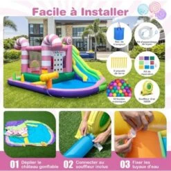 COSTWAY 9 En 1 Château Gonflable En Forme Bonbons Avec Toboggan, Maison De Saut Gonflable Avec Pistolet à Eau, Jeu Tic-Tac-Toe, 50 Boules, Charge 90kg Pour 2 Enfants De 3-10 Ans（avec Souffleur 680W -Pas Cher Clair Jardin Magasin 100034741 4