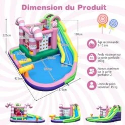 COSTWAY 9 En 1 Château Gonflable En Forme Bonbons Avec Toboggan, Maison De Saut Gonflable Avec Pistolet à Eau, Jeu Tic-Tac-Toe, 50 Boules, Charge 90kg Pour 2 Enfants De 3-10 Ans（avec Souffleur 680W -Pas Cher Clair Jardin Magasin 100034741 5