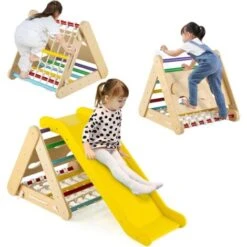 COSTWAY 4 En 1 Triangle D'escalade Enfant Avec Toboggan, Echelle D'escalade En Bois Avec Filet, Inclinaison Réglable, Intérieur Extérieur, Charge 60kg Pour Enfants De 1 An+, Multicolore