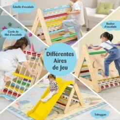 COSTWAY 4 En 1 Triangle D'escalade Enfant Avec Toboggan, Echelle D'escalade En Bois Avec Filet, Inclinaison Réglable, Intérieur Extérieur, Charge 60kg Pour Enfants De 1 An+, Multicolore -Pas Cher Clair Jardin Magasin 100034754 3