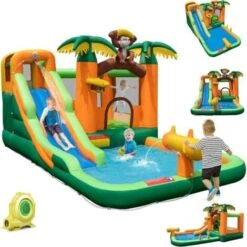 COSTWAY Château Gonflable Tropical à Thème Singe & Palmier Avec Toboggan Aquatique, Maison De Saut Gonflable Avec Piscine & 50 Boules, Charge 90kg Pour 2 Enfants De 3-10 Ans（avec Souffleur 680W