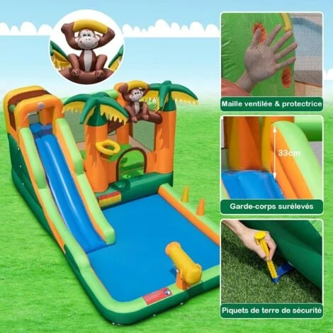 COSTWAY Château Gonflable Tropical à Thème Singe & Palmier Avec Toboggan Aquatique, Maison De Saut Gonflable Avec Piscine & 50 Boules, Charge 90kg Pour 2 Enfants De 3-10 Ans(avec Souffleur 680W 3 COSTWAY Château Gonflable Tropical à Thème Singe & Palmier Avec Toboggan Aquatique, Maison De Saut Gonflable Avec Piscine & 50 Boules, Charge 90kg Pour 2 Enfants De 3-10 Ans(avec Souffleur 680W – Image 3