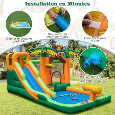 COSTWAY Château Gonflable Tropical à Thème Singe & Palmier Avec Toboggan Aquatique, Maison De Saut Gonflable Avec Piscine & 50 Boules, Charge 90kg Pour 2 Enfants De 3-10 Ans(avec Souffleur 680W 4 COSTWAY Château Gonflable Tropical à Thème Singe & Palmier Avec Toboggan Aquatique, Maison De Saut Gonflable Avec Piscine & 50 Boules, Charge 90kg Pour 2 Enfants De 3-10 Ans(avec Souffleur 680W – Image 4