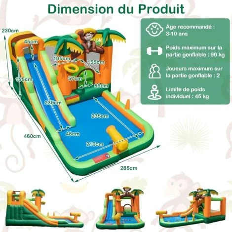 COSTWAY Château Gonflable Tropical à Thème Singe & Palmier Avec Toboggan Aquatique, Maison De Saut Gonflable Avec Piscine & 50 Boules, Charge 90kg Pour 2 Enfants De 3-10 Ans(avec Souffleur 680W 5 COSTWAY Château Gonflable Tropical à Thème Singe & Palmier Avec Toboggan Aquatique, Maison De Saut Gonflable Avec Piscine & 50 Boules, Charge 90kg Pour 2 Enfants De 3-10 Ans(avec Souffleur 680W – Image 5