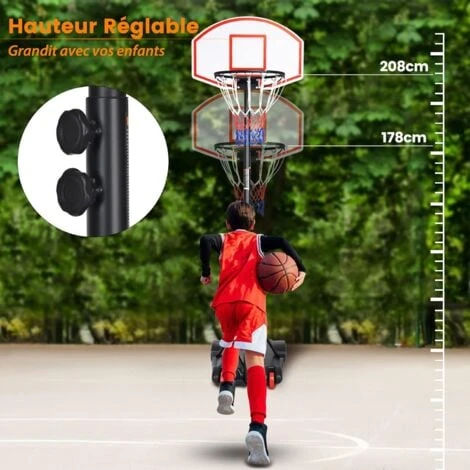 COSTWAY Panier De Basket Sur Pied-Hauteur Réglable 178-208cm-Base De Lestage Sur Roulettes En Acier PE 2 COSTWAY Panier De Basket Sur Pied-Hauteur Réglable 178-208cm-Base De Lestage Sur Roulettes En Acier PE – Image 2