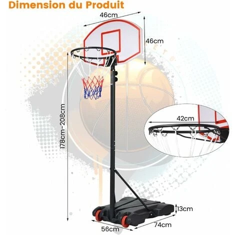 COSTWAY Panier De Basket Sur Pied-Hauteur Réglable 178-208cm-Base De Lestage Sur Roulettes En Acier PE 5 COSTWAY Panier De Basket Sur Pied-Hauteur Réglable 178-208cm-Base De Lestage Sur Roulettes En Acier PE – Image 5