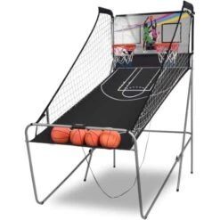 COSTWAY Panier De Basketball Pliable Jeu De Basketball Arcade Double Panier Et 4 Ballons Score Electronique 202x107x205cm