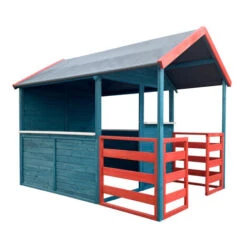 Maison De Jeux Extérieure XL 146x195x156cm Bois Cabane Véranda Maisontte Jardin Rouge/ Bleue Enfant