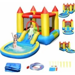 COSTWAY Aire De Jeux Gonflable Enfants Avec Toboggan,Aquatique-Aire De Saut-Piscine à Boules Charge 68KG Souffleur Non-inclus
