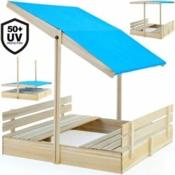 Bac à Sable 120x120x120cm Avec Toit à Hauteur Réglable Hydrofuge Bancs Intégrés Jeu Jardin Enfant