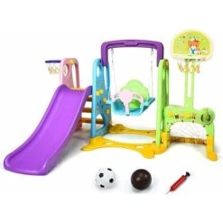 COSTWAY Ensemble Toboggan Balançoire 6 En 1 Basket-ball Football Escalade Jeu Boucle - Exterieur Intérieure 3 - 8 Ans Violet