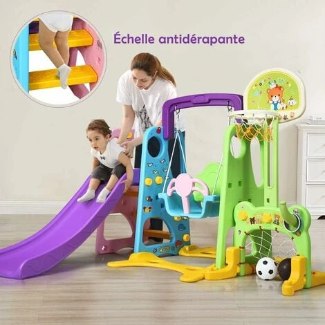 COSTWAY Ensemble Toboggan Balançoire 6 En 1 Basket-ball Football Escalade Jeu Boucle - Exterieur Intérieure 3 - 8 Ans Violet 2 COSTWAY Ensemble Toboggan Balançoire 6 En 1 Basket-ball Football Escalade Jeu Boucle - Exterieur Intérieure 3 - 8 Ans Violet – Image 2