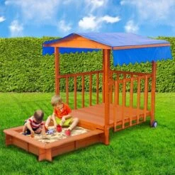 Bac à Sable En Bois Extensible D'une Aire De Jeu 110x110x120cm, Avec Toit Avec Bancs Imperméable – De BRAST