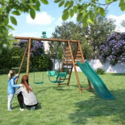 Balançoire En Bois Traité 3 Agrès Et Toboggan Lavande -Pas Cher Clair Jardin Magasin 28295999 2