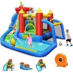 COSTWAY Château Gonflable 7 En 1 Avec Souffleur 450W Toboggan Aquatique Aire De Saut Mur D'Escalade Kit De Réparation Tissu Oxford