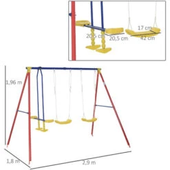 OUTSUNNY Balançoire 3 Agrès Portique Avec 2 Balançoires Et Face à Face Dim. 2,9L X 1,8l X 1,96H M Métal époxy Anticorrosion PE Rouge Bleu Jaune -Pas Cher Clair Jardin Magasin 30202090 3