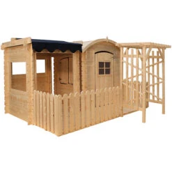 Maison En Bois Avec Abri Et Terrasse Pour Enfants - Cabane Enfant Exterieur -Maisonnette En Bois Pour Enfants - Cabane Bois Enfant - Maison Enfant Exterieur - TIMBELA M505+M080M