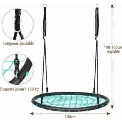 COSTWAY Balançoire Nid D’oiseau Rond 100cm Balançoire D'arbre En Plein Air Pour Enfants Charge Maximale 150 Kg Extérieur Noir Corde Réglable 100-160cm -Pas Cher Clair Jardin Magasin 33469599 5