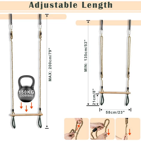Trapèze En Bois, Balanoire Avec Anneaux De Gymnastique, Vert, 200 Cm, Mousqueton Et Ceinture, Matériau: Plastique (PP, PE), Bois 5 Trapèze En Bois, Balanoire Avec Anneaux De Gymnastique, Vert, 200 Cm, Mousqueton Et Ceinture, Matériau: Plastique (PP, PE), Bois – Image 5