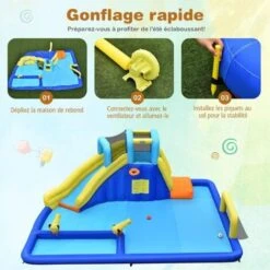 COSTWAY Château Gonflable Aquatique 6 En 1 Enfant 3 Ans+ Pisine Toboggan Escalade Football Basket-ball Jet D'Eau 526 X 373 X 203 Cm Sans Gonfleur -Pas Cher Clair Jardin Magasin 36774762 4