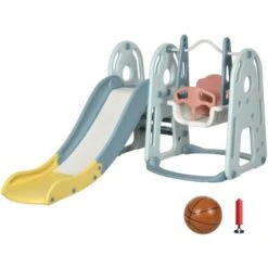 HOMCOM Portique Enfant Toboggan Et Balançoire Avec Panier De Basket-ball Aire De Jeux 3 En 1 Usage Intérieur Et Extérieur Dim. 200 X 150 X 100 Cm