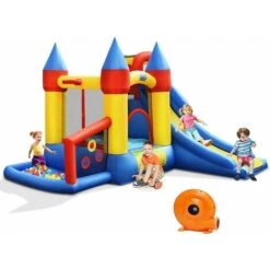 COSTWAY Château Gonflable 6-en-1 Pour Enfants Inclus Souffleur 580-610W Toboggan Cercle De Basket-Ball Aire D'Escalade Charge 135KG