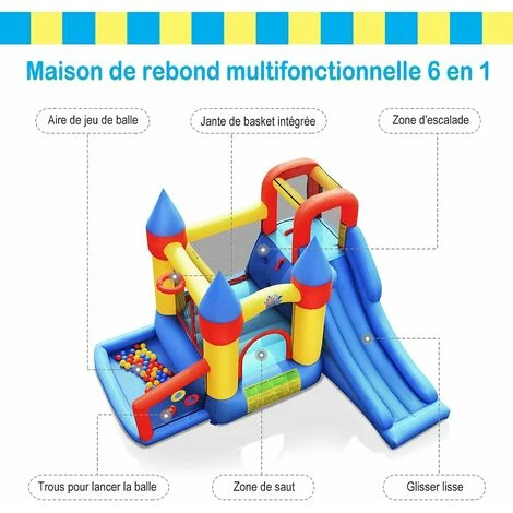 COSTWAY Château Gonflable 6-en-1 Pour Enfants Inclus Souffleur 580-610W Toboggan Cercle De Basket-Ball Aire D'Escalade Charge 135KG 2 COSTWAY Château Gonflable 6-en-1 Pour Enfants Inclus Souffleur 580-610W Toboggan Cercle De Basket-Ball Aire D'Escalade Charge 135KG – Image 2