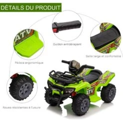 HOMCOM Buggy électrique Enfant Quad électrique Pour Enfant De 18 à 36 Mois Effet Lumineux 6 V 2 Km/h Max. Métal PP Vert -Pas Cher Clair Jardin Magasin 38926833 5