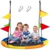 COSTWAY Balançoire Nid D’Oiseau Ronde Φ100 Cm Avec 8 Drapeaux Hauteur Réglable 100-160CM Cordes Multicouches Charge 150KG Singe