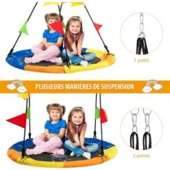 COSTWAY Balançoire Nid D’Oiseau Ronde Φ100 Cm Avec 8 Drapeaux Hauteur Réglable 100-160CM Cordes Multicouches Charge 150KG Singe -Pas Cher Clair Jardin Magasin 39368032 3