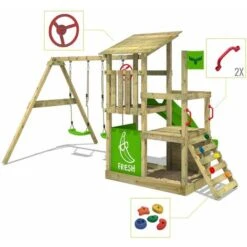 FATMOOSE Aire De Jeux Portique Bois FruityForest Avec Balançoire Et Toboggan Vert Pomme Maison Enfant Exterieur Avec Bac à Sable, échelle D'escalade & Accessoires De Jeux -Pas Cher Clair Jardin Magasin 4153080 3
