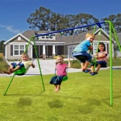 Balançoire D'Extérieur Jardin Pour Enfant De Plus De 3 Ans Outdoor Toys 280x140x180 Cm Cadre En Métal Double Siège 45 Kg -Pas Cher Clair Jardin Magasin 42477519 2