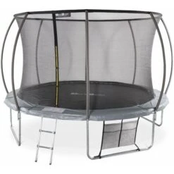 Trampoline Rond Ø 370cm Gris - Saturne Inner XXL – Trampoline De Jardin Avec Filet De Protection Intérieur. échelle. Bâche. Filet Pour Chaussures Et Kit D'ancrage