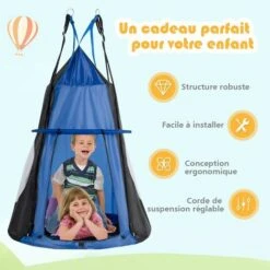 COSTWAY Balançoire Nid D’Oiseau Ø100CM Avec Tente Charge Maximal 150KG Pour Enfants Et Adultes Hauteur Réglable De 100 à 160CM Bleu -Pas Cher Clair Jardin Magasin 52776379 3
