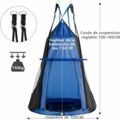 COSTWAY Balançoire Nid D’Oiseau Ø100CM Avec Tente Charge Maximal 150KG Pour Enfants Et Adultes Hauteur Réglable De 100 à 160CM Bleu -Pas Cher Clair Jardin Magasin 52776379 5
