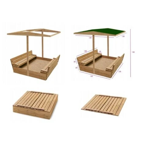 Bac à Sable Avec Couvercle, Siège Et Toit - 120x120 Cm 2 Bac à Sable Avec Couvercle, Siège Et Toit - 120x120 Cm – Image 2