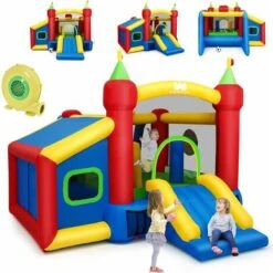 COSTWAY Château Gonflable Multifonctions Toboggan Fosse à Balle Kit De Réparation Sac Intérieur/Extérieur Avec Souffleur 450W