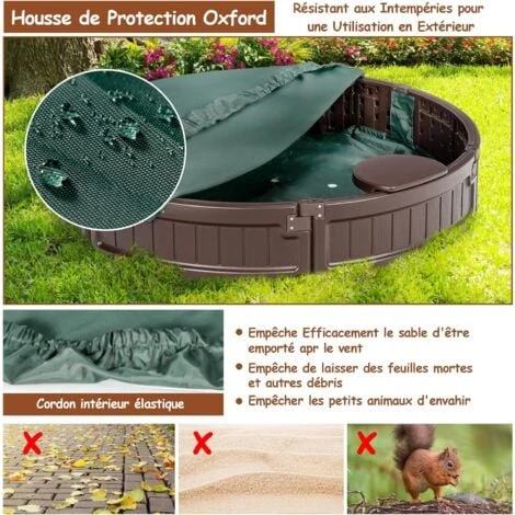 COSTWAY Bac à Sable Enfant Rond 120x120x21 Cm En Plastique Avec Couvercle Etanche Bâche Intégrée Sièges Doublure Inférieure Marron 4 COSTWAY Bac à Sable Enfant Rond 120x120x21 Cm En Plastique Avec Couvercle Etanche Bâche Intégrée Sièges Doublure Inférieure Marron – Image 4