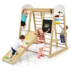 COSTWAY Cadre D'Escalade 8 En 1 Pour Enfant Avec Toboggan, Echelle D'Escalade, Filet D'Escalade, Planche à Dessin Ect. Pour 3 Ans+