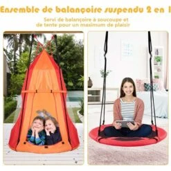 COSTWAY Balançoire Nid D’Oiseau Ø100CM Avec Tente Charge Maximal 150KG Pour Enfants Et Adultes Hauteur Réglable De 100 à 160CM Orange -Pas Cher Clair Jardin Magasin 55462542 5