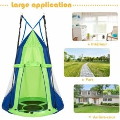 COSTWAY Balançoire Nid D’Oiseau Ø100CM Avec Tente Charge Maximal 150KG Pour Enfants Et Adultes Hauteur Réglable De 100 à 160CM Vert -Pas Cher Clair Jardin Magasin 55462545 3