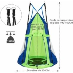 COSTWAY Balançoire Nid D’Oiseau Ø100CM Avec Tente Charge Maximal 150KG Pour Enfants Et Adultes Hauteur Réglable De 100 à 160CM Vert -Pas Cher Clair Jardin Magasin 55462545 4