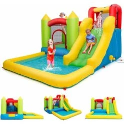 DREAMADE Château Gonflable Pour Enfants, Aire De Jeux Gonflable Avec Trampoline, Toboggan Aquatique, Mur D’Escalade Et Piscine, Accessoires Riches, Pour Enfants De 3 à 10 Ans, Gonfleur Non Inclus