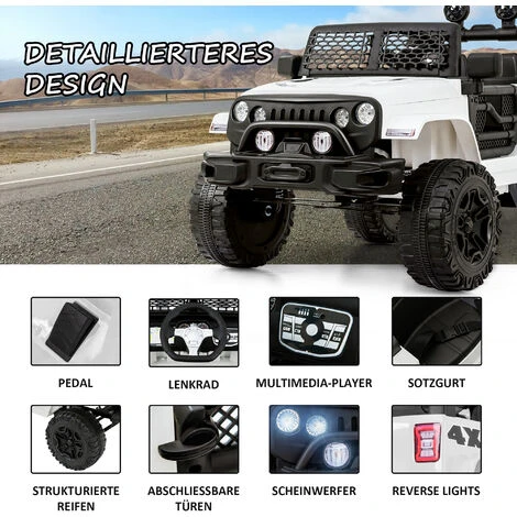 Voiture électrique 2 Places 12 V + Télécommande 2.4G, 2 Moteurs Pour Enfants 3 à 8 Ans, 3-5 Km/h Avec Klaxon, Lumières LED, Blanc 3 Voiture électrique 2 Places 12 V + Télécommande 2.4G, 2 Moteurs Pour Enfants 3 à 8 Ans, 3-5 Km/h Avec Klaxon, Lumières LED, Blanc – Image 3