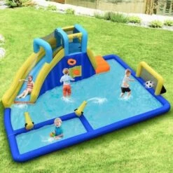 COSTWAY Château Gonflable 6 En 1 Avec Escalade Toboggan à Jet D'Eau Grande Piscine Cadre De Football/Basket-ball Sans Souffleur