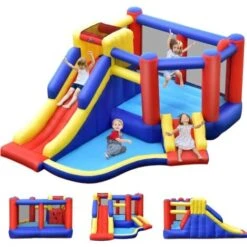 COSTWAY Château Gonflable Avec Long Toboggan,Trampoline,Piscine à Balles,Mur D'Escalade,Panier De Basket Sac Transport Sans Gonfleur