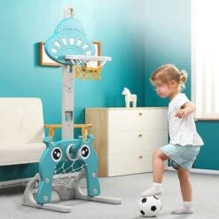 Panier De Basket Pour Enfant,3 En 1 Centre D'Activité Sportives Avec Basketball, Football, Hauteur Réglable, Rack De Jeu Cloud Bleu Clair