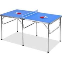 RELAX4LIFE Table De Ping-Pong Pliable Avec 2 Raquettes, Table De Tennis Portable Avec 2 Balles Et Filet Pour Intérieur/Extérieur, Armature En Alu Et 6 Pieds Antidérapants, 152X76X76CM,Bleu -Pas Cher Clair Jardin Magasin 64129607 3