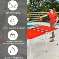 RELAX4LIFE Table De Ping-Pong Pliable Avec 2 Raquettes, Table De Tennis Portable Avec 2 Balles Et Filet Pour Intérieur/Extérieur, Armature En Alu Et 6 Pieds Antidérapants, 152X76X76CM, Rouge -Pas Cher Clair Jardin Magasin 64129678 3